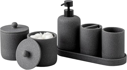 Haocoott Bathroom Accessories Set, 6 PCS Modern Bathroom Accessory Set with 15 OZ Soap Dispenser, Toothbrush Holder, Vanity Tray, Tumbler, 2 PCS Qtip Holders (Grey)