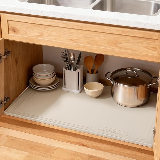 Aisslro Under Sink Mat 22" X 19", Waterproof Silicone Under Sink Mats for Kitchen, Anti-Leak Shelf Liner & Cabinet Protector with Raised Edge, [BPA Free] Bathroom Tray Home Organizer, Beige