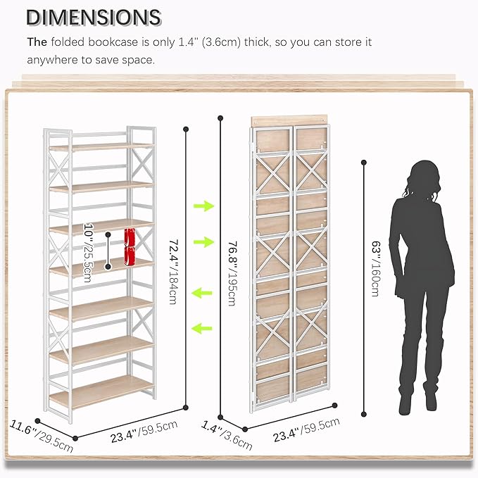 4NM 7 Tiers No Assembly Book Shelves, 72.4" H Folding Bookshelf Bookcase Open Industrial Foldable Shelves for Bedroom, Living Room, Home Office - Natural White