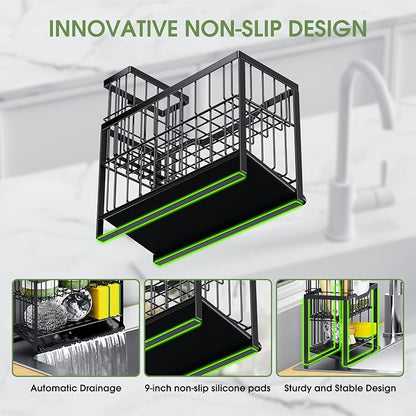 2-Tier Self-Draining Sponge Holder for Kitchen Sink - Rustproof Non-Slip Sink Caddy with Dish Brush Holder & Fits for Most Soap Dispensers - Black