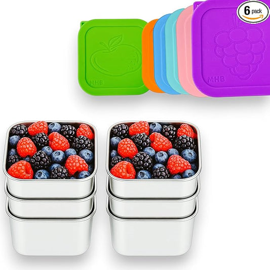 MHB 6-Pack 6oz Stainless Steel Snack Containers,Easy Open Leak-Proof Food Storage with Silicone Lids, Stackable Metal Lunch Box,Small Snacks Containers Portable Travel & Picnic, Fruit-Designed Lid