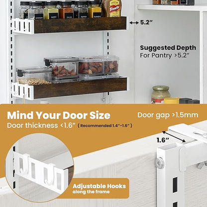 Over-The-Door Organizer – 6-Tier Wooden Pantry Storage Shelf with 12 Hooks, Wall-Mount or Hanging Spice Rack for Kitchen, Bathroom, or Closet