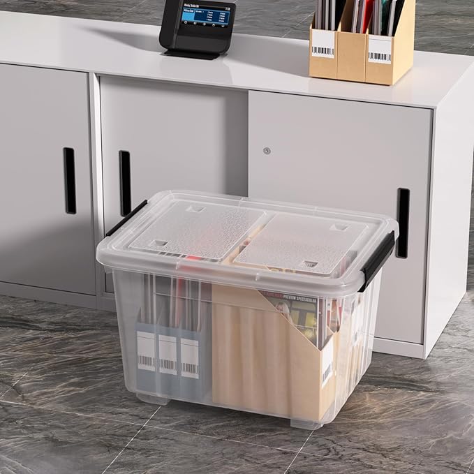 Sadstory 30 Quart Clear Latching Bin with Lid, Plastic Storage Tote Box with Wheels, 4 Packs