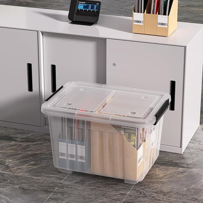 Sadstory 30 Quart Clear Latching Bin with Lid, Plastic Storage Tote Box with Wheels, 4 Packs