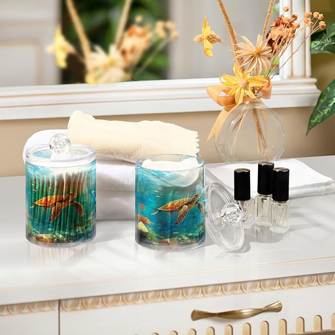 MNSRUU 4 Pack Qtip Holder Organizer Dispenser Sea Turtle Pink Bathroom Storage Canister Cotton Ball Holder Bathroom Containers for Cotton Swabs/Pads/Floss