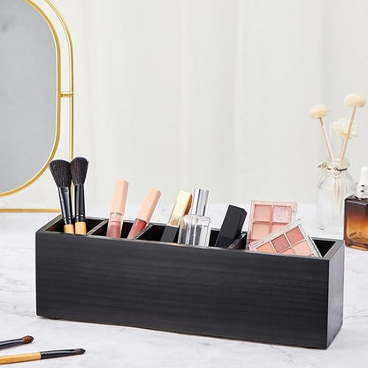 Jetec Wooden Pencil Pen Holder for Desk 6 Compartments Wood Office Desk Organizers for Countertop Adjustable Makeup Brush Organizer Silverware Caddy for Party, Home, Art Supplies(Black)