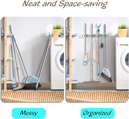 2 Pack Mop Broom Holder Wall Mount - White Wood Broom Mop Hanger - Wall Mounted Garden Tool Rack Organizer for Closet Garage Laundry Room, 4 Slots & 4 Hooks