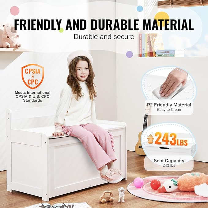 VEVOR Wooden Toy Chest for Kids, Toddler Toy Storage Box with Flip-Top Lid and Safety Hinge, 32.68 x 17.91 x 24.02 Large Kids Storage Bench for Playroom, Bedroom, Living Room or Entryway, White