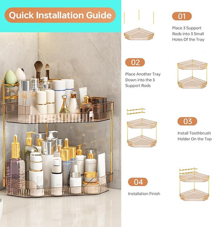 ZZWILLB Corner Bathroom Counter Organizer with Makeup Brush Holder & Toothbrush Holders, Makeup Organizer for Vanity Countertop, Acrylic Skincare Storage Shelf (Amber, 2-Tier)