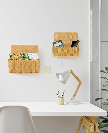 AceList Set of 2 Wicker Storage Basket with Lid, Rectangular Waterproof Handwoven Basket with Lid & Hooks, Boho Decorative Box for Organizing Home, Kitchen, and Room
