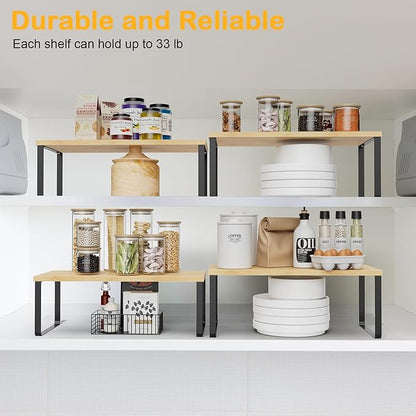 Cabinet Shelf Organizers, 15.7 inches Large Kitchen Counter Shelf, Set of 4 Wood Kitchen Pantry Organizer, Storage Shelves for Countertop, Spice Rack, Stackable, Expandable, Metal Black, Nature