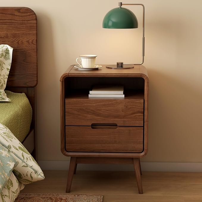 Vadisun Walnut Nightstand Solid Wood Night Stand, Dark Wood Nightstands with 2 Drawers & Open Shelf, Mid Century Modern Nightstand, Wooden Bedside Table for Bedroom(Dark Black Walnut,23.23" H)