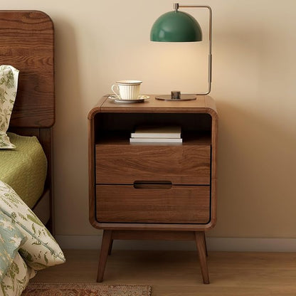 Vadisun Walnut Nightstand Solid Wood Night Stand, Dark Wood Nightstands with 2 Drawers & Open Shelf, Mid Century Modern Nightstand, Wooden Bedside Table for Bedroom(Dark Black Walnut,23.23" H)