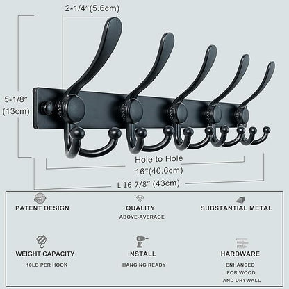 Dseap Coat Rack Wall Mount 2.0 Pro: Heavy Duty 300% Thicker, 16" Stud Mount, Stainless Steel Wall Coat Hooks Hanger for Clothes Jackets Hats Entryway Closet, MaxStrong Series, Black, Pack of 2