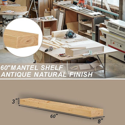 ROOMTEC Fireplace Mantel,60" Wood Fireplace Shelves with L-Shaped Bracket,Wall Mounted Wooden Shelving,Handcrafted Wood Brack,Mantels Over Fireplace, 60" x 8" x 3"-Clear Varnished Natural Wood