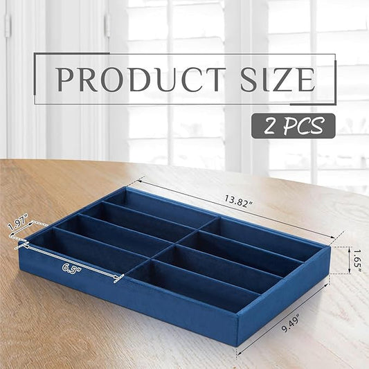 Amylove 2 Pcs Sunglass Organizer Trays Glasses Stackable Jewelry Trays Sunglass Organizer Display Box(8 Grids,Navy Blue)