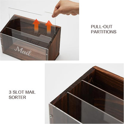 Mail Organizer with Clear Acrylic Dividers - 3 Slots Letter Holder for Desk, Mail Sorter Organizer Wall Mounted, Mailbox Hoder Counter for Home Office Family