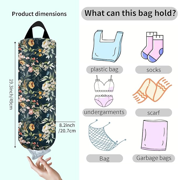 Plastic Bag Holder, Wall Mount Grocery Bag Organizer, Funny Hanging Trash Storage Dispenser for Home Kitchen Boho White Floral