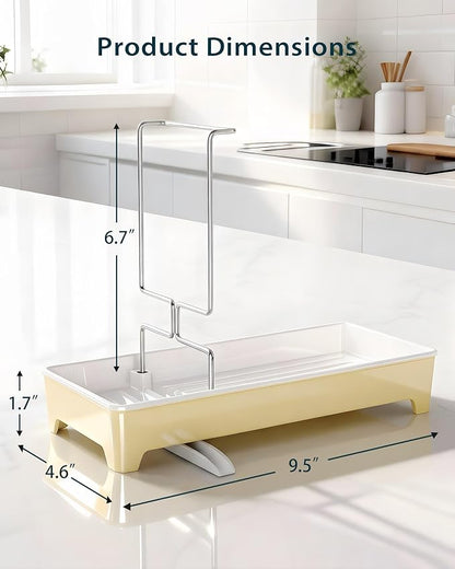 Caumic Minimalist Sink Caddy, Rustproof Sponge Holder for Kitchen Sink with 304 Stainless-Steel Brush Holder, Countertop Rack Organizer with Raised Ridges & Silicone Drain Tube (Pastel Yellow)