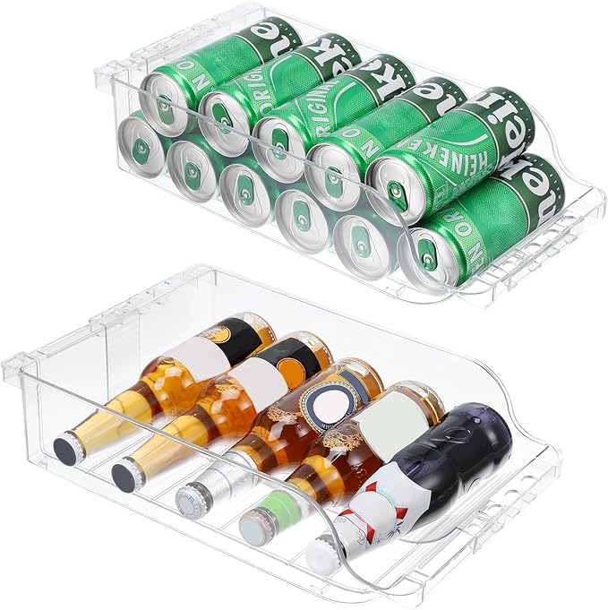 2 Pack Clear Width Adjustable Soda Can Organizer for Refrigerator Expandable Soda Cans Dispenser for Beer Seltzer Pop Can Drink Organizer for Fridge Kitchen Pantry
