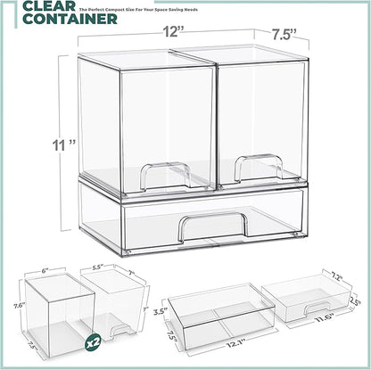 Sorbus Stackable Acrylic Storage Drawers – 2 Tall + 1 Wide – 3 Pack Clear Plastic Organizer Bins for Baby Bottles, Makeup, Bathroom & Vanity, Pull-Out Drawer Design for Kitchen Cabinets