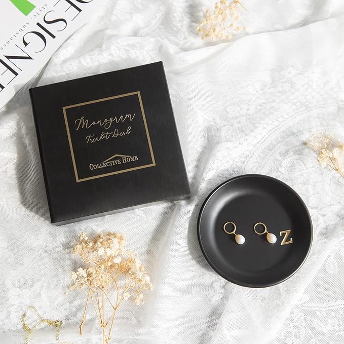 COLLECTIVE HOME - Ceramic Jewelry Tray, Decorative Trinket Dish for Rings Earrings Necklaces Bracelet Watch Keys, Birthday Mother's Day Christmas Gift for Women, 4.75", Black Surface (z)