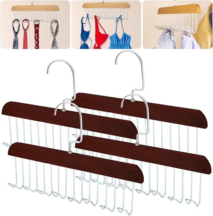 Xbaiyanr 4Pcs Anti Slip Multi Hook Coat Racks,Bra Hangers for Closet Organizer with 8 Hooks 360 °Swivel Belt Hanger for Closet for Belt, Tie, Tank Top, Bra, Scarf (Brown)