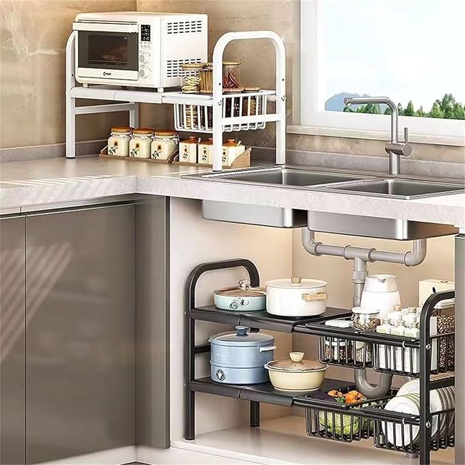 Under Sink Organizers, 2 Tier Stretchable Cabinet Shelf Organizer with 4 Removable Panels and 4 Under Shelf Basket for Under Bathroom Storage,Under Cabinet Shelves,kitchen Sink Storage Rack (black)