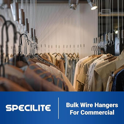 SPECILITE Wire Metal Clothes Hangers Bulk 50 Pack for Standard Size Suits, Coats, Shirts, Pants, Skirts, Space Saving, Non Slip,16 Inch 12 Gauge Ultra Thin, Black