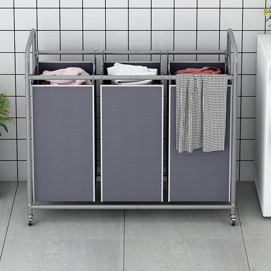 LINZINAR 3-Bag Laundry Sorter,Laundry Hamper Cart with Heavy Duty Rolling Lockable Wheels and Removable Bags (Grey)