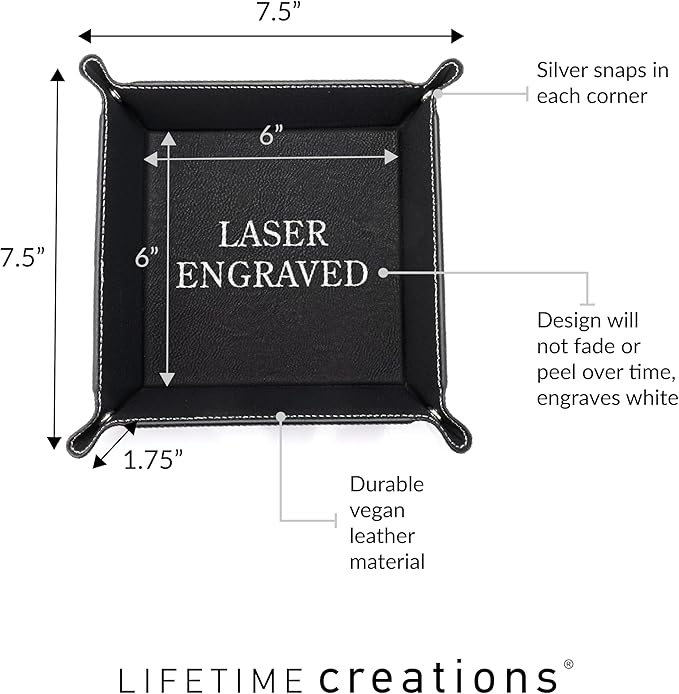 Lifetime Creations Monogrammed Valet Tray (Black) - Personalized Vegan Leather Catchall, Change Tray, Groomsmen Gift, Desk Dresser Organizer