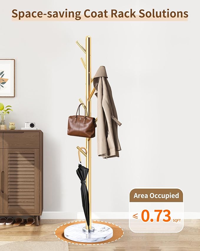 Modern Coat Rack Stand, Metal Freestanding Coat Rack with Natural Marble Base, Golden Coat Racks with 8 Hooks and Coat Hanger Tree Jacket Stand for Office, Entryway, Hallway