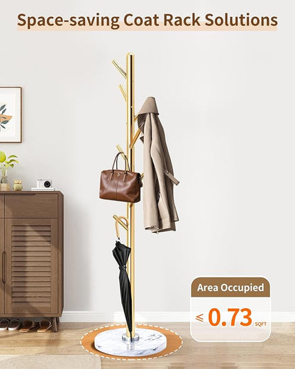 Modern Coat Rack Stand, Metal Freestanding Coat Rack with Natural Marble Base, Golden Coat Racks with 8 Hooks and Coat Hanger Tree Jacket Stand for Office, Entryway, Hallway