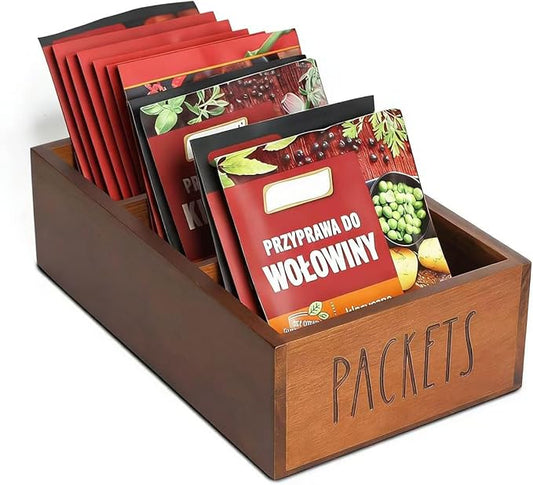 LBEMEY Packet Organizer, Acacia Wood Packet Storage Organizer with 3 Compartments,Farmhouse Kitchen Organization for Spice, Gravy, Taco, and Dressings Packets for Kitchen (Brown Label PACKETS)