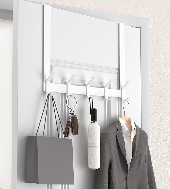 KitchLife Over The Door Hooks Hanger with 15.75 inches Extended Arms, Fit for 1-3/4" Doors, J40U, Thickened Bathroom Towel Rack Organization, 1 Pack Double-Hook, Glossy White