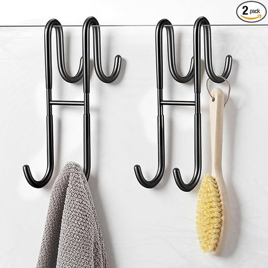 PercyEffie 2Pcs Over The Door Towel Hook Door Hanger Hook s Frameless Drilling-Free Hanger, Double Side Towel Hooks Black Stainless Steel Shower Doors Hooks for Bathrooms, Squeegee,Towels,Loofah