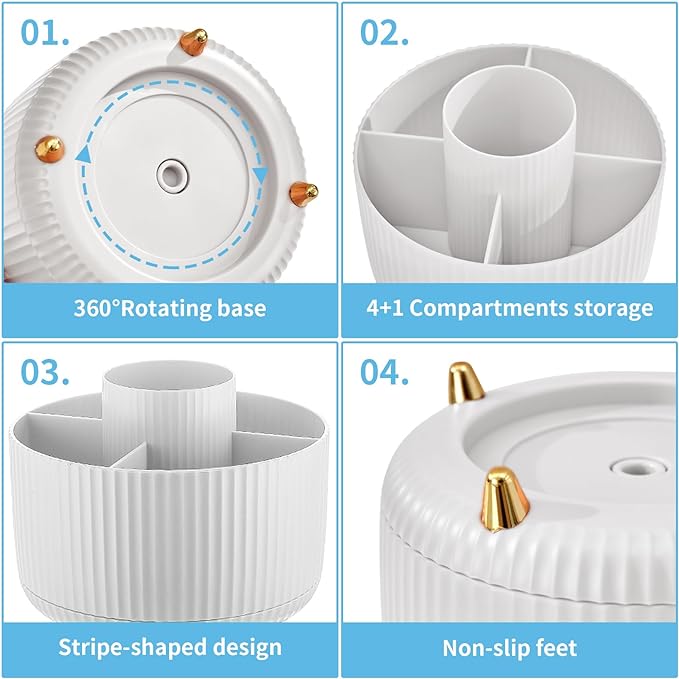 Marbrasse Desk Organizer, 360-Degree Rotating Pen Holder, Desk Organizers and Accessories with 5 Compartments Pencil Holder, Art Supply Storage Box Caddy for Office, Home（White）