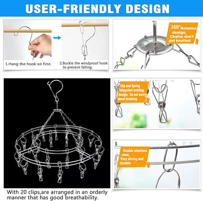 Stainless Steel Sock Drying Rack with 20 Clips, Stainless Steel Space-Saving Dryer Rack Washline with Peg for Sock,Towels,Bras,Underwear Etc Small Laundry Items (Stainless Steel-Round)