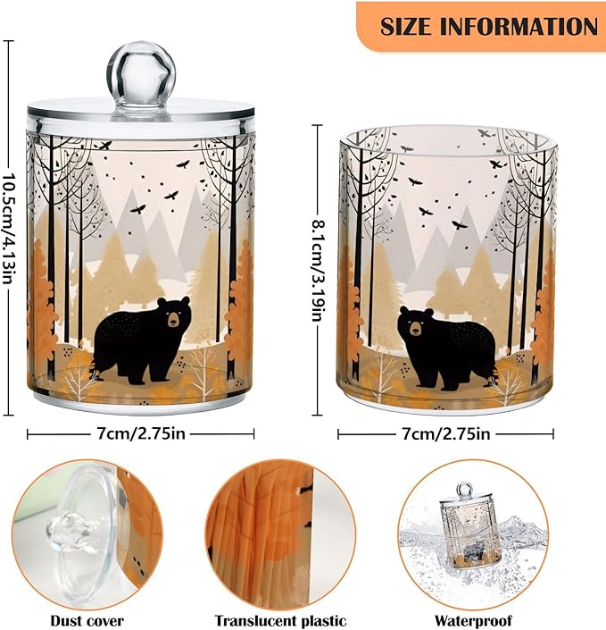 MNSRUU 4 Pack Qtip Holder Organizer Dispenser Black Bear Forest Pink Bathroom Storage Canister Cotton Ball Holder Bathroom Containers for Cotton Swabs/Pads/Floss