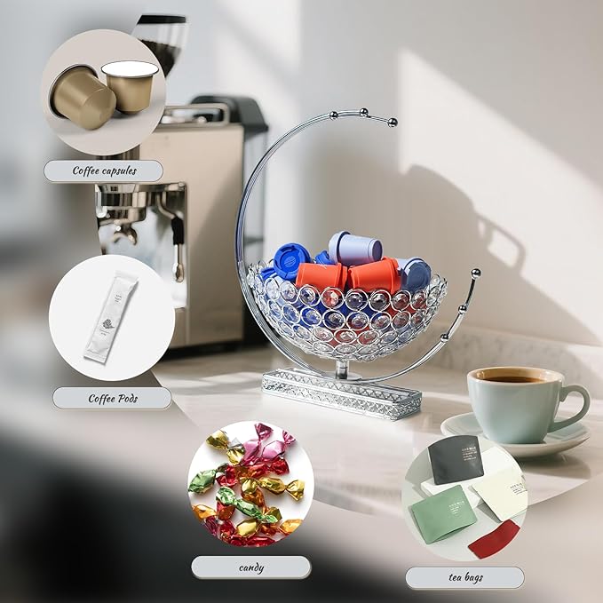 Metal & Crystal Coffee Pod Holder & Candy Basket - Elegant Multipurpose Storage Organizer for K Cups, Espresso Pods, Treats - Kitchen, Office, Home Bar (Silver, 2 PCS)