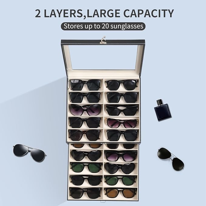 AUTOARK 2-Tier Lockable Glasses & Jewelry Organizer Case with Glass Top,20 Capacity PU Leather Display Box for Sunglasses,Watches,Rings,Ideal Gift for Home Office,Black,MKAW-301