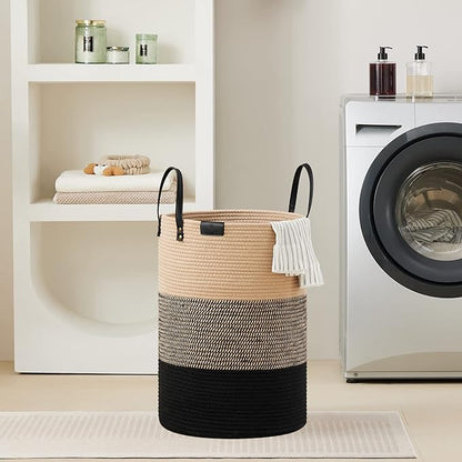 VIPOSCO Tall Laundry Basket, Large Dirty Clothes Hamper with Leather Handle, Woven Rope Storage Basket for Blanket, Toy In Living Room, Bathroom, Bedroom - 72L Brown & Black