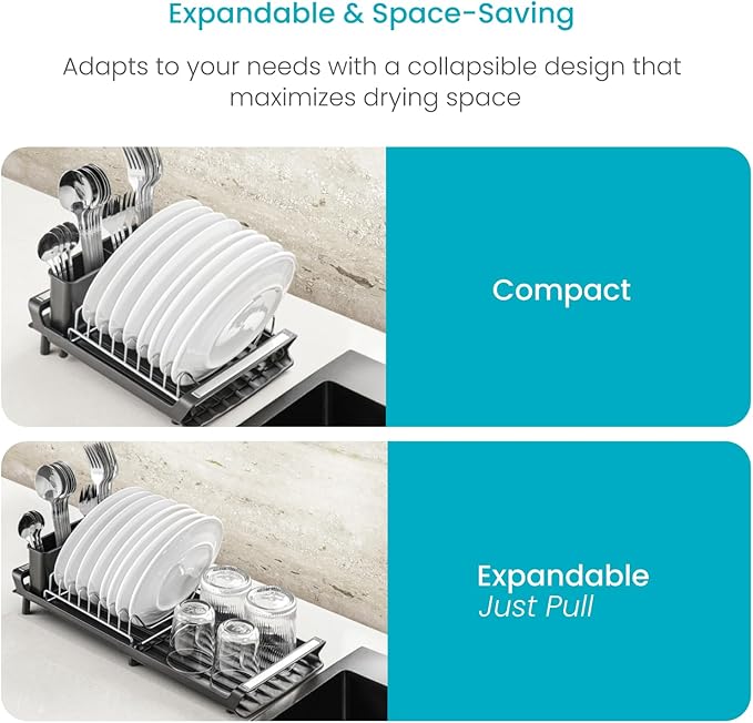 Home Zone Living Small Collapsible Dish Drying Rack for RVs and Small Kitchens with Adjustable Length and Utensil Caddy