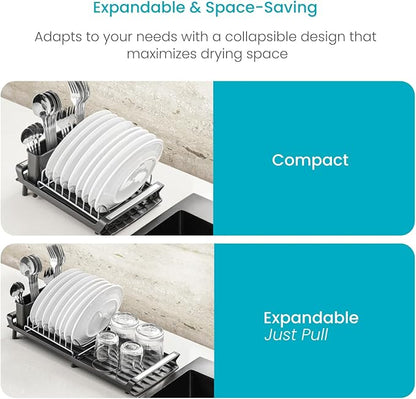 Home Zone Living Small Collapsible Dish Drying Rack for RVs and Small Kitchens with Adjustable Length and Utensil Caddy