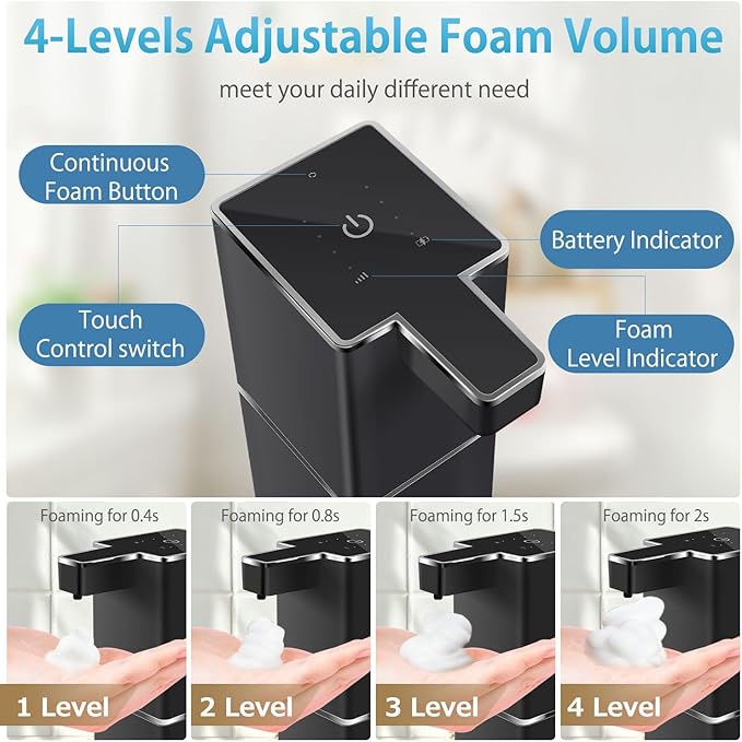 JEMISUN Automatic Foaming Soap Dispenser Touchless 380ml/12.8oz Rechargeable Hand Soap Dispenser Wall Mounted 4 Levels Adjustable Foam Soap Pump for Bathroom Kitchen Dish Soap