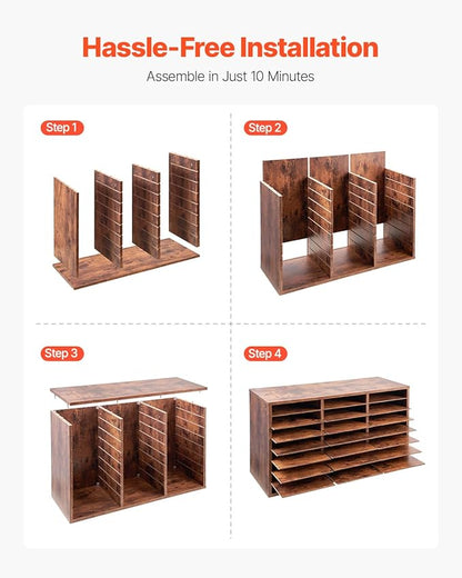 VEVOR Literature Organizer, 24 Compartments Office Mailbox with Removable Shelves, Wooden Mailbox Sorter Particle Board Office Home Classroom Storage, File Sorter for Documents, Papers, Dark Brown