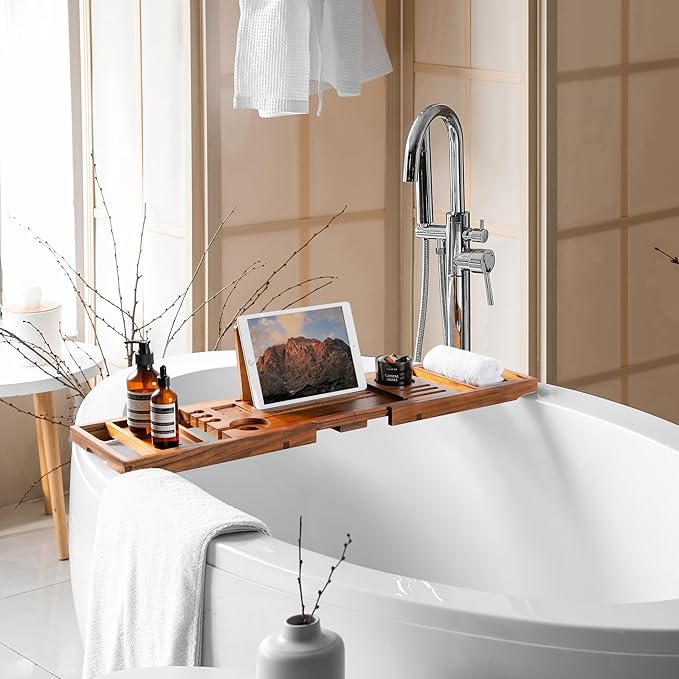 Realgulf Teak Bathtub Tray | Adjustable Width Tray with Wine Holder, Tablet/Phone & Book Stand, Splash-Proof for Bath Time- Natural