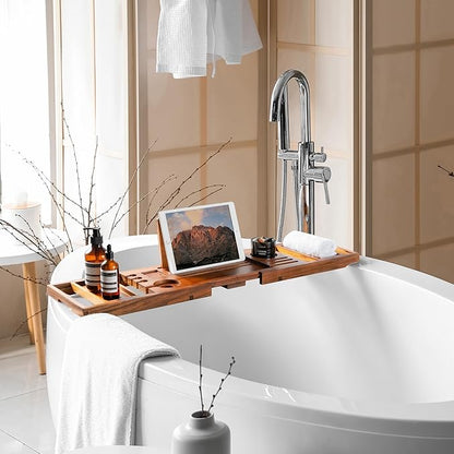 Realgulf Teak Bathtub Tray | Adjustable Width Tray with Wine Holder, Tablet/Phone & Book Stand, Splash-Proof for Bath Time- Natural