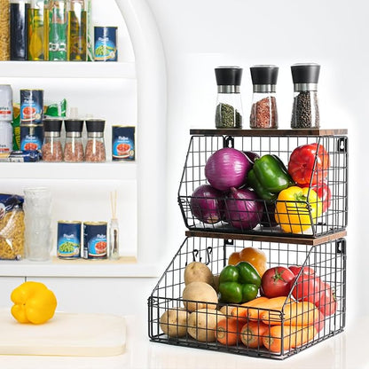 Fruit Basket, Stackable Wall Mounted Fruit Baskets, Potato Baskets Onion Storage for Kitchen, Hanging Wire Basket with Wood Lid, 2-Tier Vegetable Organizer Kitchen Countertop Organization