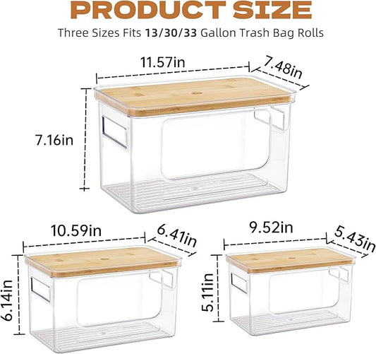 Goabroa 3 Pack Trash Bag Holder Dispenser with Bamboo Top, Stackable Garbage Bag Holder for TrashBags 13/30/33 Gallon, Garbage Bag Organizer Under Sink for Kitchen and Laundry Room Organization